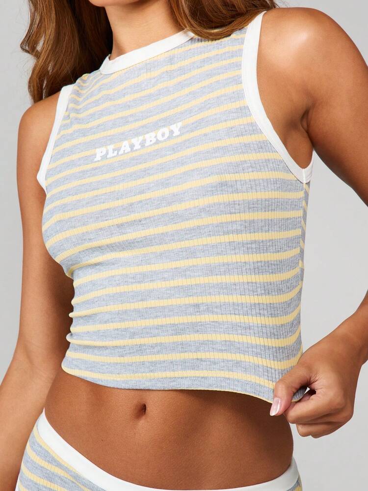 Missguided x Playboy リブタンクトップとブリーフ下着セット、ストライプ柄クルーネック ノースリーブ、2ピース ルームウェア マッチングアウトフィット