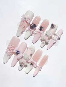 ROMWE Anime 10张Y2K可爱爱心、星星、蝴蝶结、翅膀美甲贴纸，带胶带 - 粉色1 - 查看 2