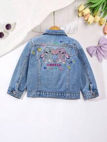 Girls' Lightweight Denim Jacket, Vintage Casual College Style, Floral & Rabbit Embroidery Decor, Simple Lapel Design, Suitable For Outings, Daily Wear, Parties, A Must-Have Versatile Denim Jacket For Spring And Autumn - Medium Wash - View 3