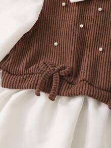 Everyday Casual Tween Girls Brown Knitted Top And Pant Set With Striped Pattern And Pearl Accents - Brown - View 6