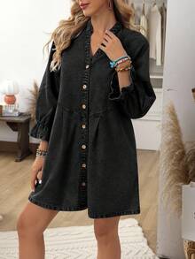 EMERY ROSE Women's Casual Notch Neck Button Front Loose Denim Dress, Autumn - Black - View 4