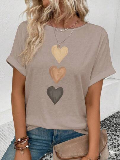 EMERY ROSE Women's Casual Everyday Commute Versatile Heart Print Bat Sleeve Loose T-Shirt, Summer