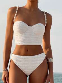 Swim Vcay 2026 Spring/Summer White Special Fabric Beaded Strap Women's Bikini Set White Two Piece Swimsuit Two Piece Beach Set Textured Bikini Bikini High Waisted Set Beach Two Piece Set Seashell Bikini White Bikini Set