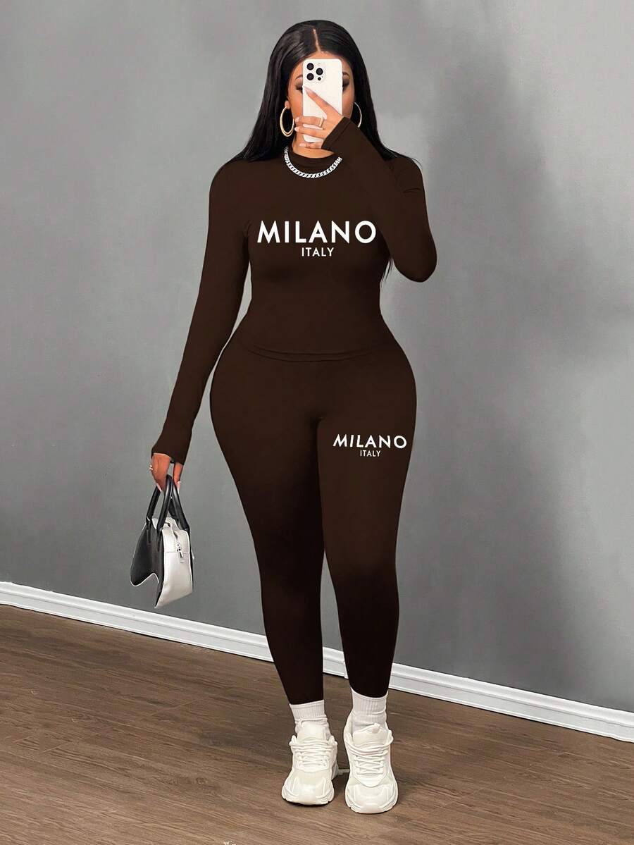 Slaydiva 2pcs/Set Women Casual Minimalist Milano Style Round Neck Long Sleeve Bodycon Outfit,Fall,Fall Clothes For Women,Women's Winter Clothes - Coffee Brown - View 1