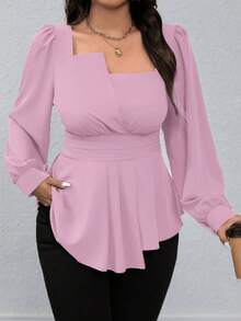 DreamSkyne Plus Size Square Collar Solid Color Ruffled Hem Casual Long Sleeve Shirt, For Christmas Peplum Top - Baby Pink - View 4