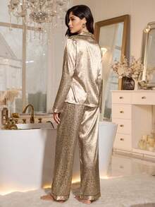LuxeNights Leopard Print Faux Silk Long Sleeve Top & Pants Women Pajama Set Women Night Suit With Print Women Leopard Print Pajama Set Gold Satin Pajama Set Gold Pjs Women Satin Leopard Print Sleepwear, Winter Clothes