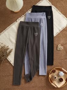 3pcs/Set Girls' Soft Wide Stripe Knit Elastic High Waist Black, Purple, Dark Grey Skinny Fit Snug Fit Leggings - Multicolor - View 1