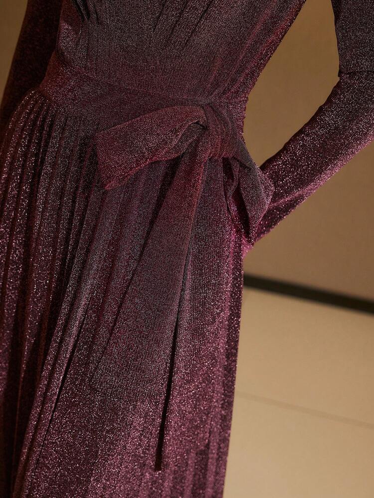 FRENCH DREAM SHINY DRESS, LUXURY FASHION WRAP TIE SIDE PLEATED FLARED DRESS FOR WOMEN
