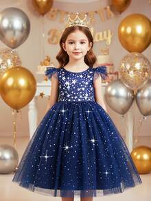 Young Girl Elegant & Cute Navy Blue Mesh Dress - Navy Blue - View 8