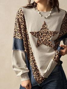 Bohemela 波西米亚风休闲针织拼接豹纹和星星图案圆领宽松水洗女式卫衣 - 杏色 - 查看 1