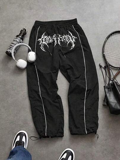 Sport MetroGents Men's Drawstring Waist Flame Print Loose Casual Everyday Sports Pants Sweat Pants