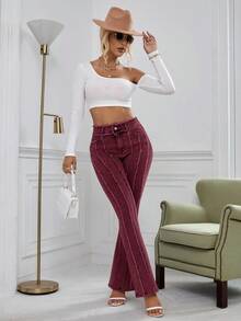 SHEIN Essnce Quần jeans ống loe có túi viền tua rua dành cho nữ - Màu Đỏ Sâu - Xem 3