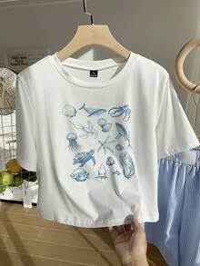 Comfortcana Plus Size Women's Starfish Print Short Sleeve T-Shirt And Striped Shorts Set, Summer,2 Pieces Summer OutfitSummer Outfits For Women 2 Pieces Sets Woman - Blue and White - View 3