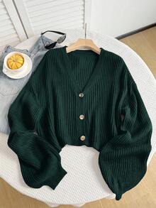 Comfortcana 橄榄绿加大码女式休闲落肩长袖针织开衫