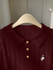 Franclia Contrast Trim Simple Long Sleeve Embroidered Horse Head Polo Collar Knit Sweater