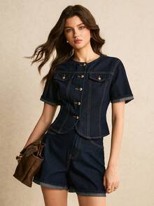 Poéselle 女士休闲前扣短袖上衣和牛仔短裤套装 - 深色水洗藍 - 查看 3