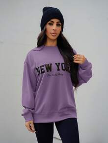 SAYEHFBABY Áo nỉ hở vai họa tiết chữ, áo dài tay cho mùa thu/đông - Màu tím - Xem 5