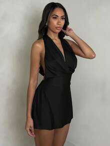 Glamine Elastic Satin V-Neck Backless Party Mini Dress For Women Low Cut Dress Black Dress Short Sexy Dress Dinner Black Satin Dress Black Silk Dress Christmas Party Dress - Black - View 4