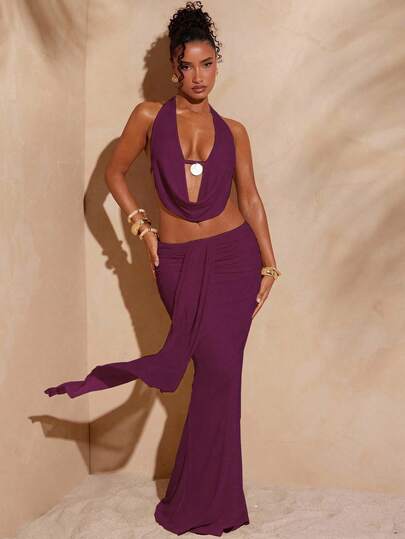 Hauture Women's Solid Color Halter Tie Backless Chest Round Decor Top And Pleated Flowy Skirt Sexy Vacation Set