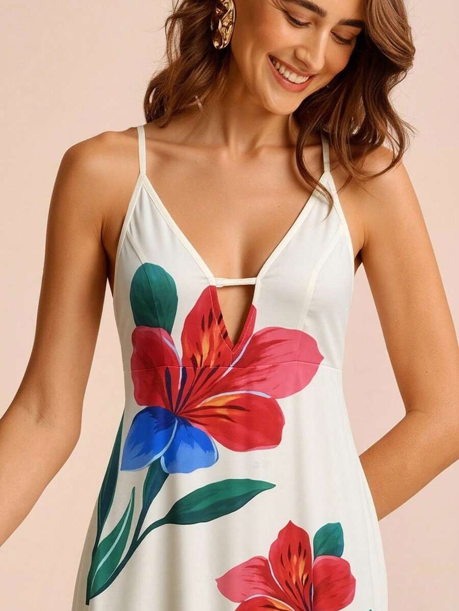 CAJUNI 女士休闲度假热带花卉红色杏色吊带露肩V领连衣裙，女士优雅连衣裙，休闲连衣裙，约会连衣裙，外出连衣裙 - 杏色 - 查看 1