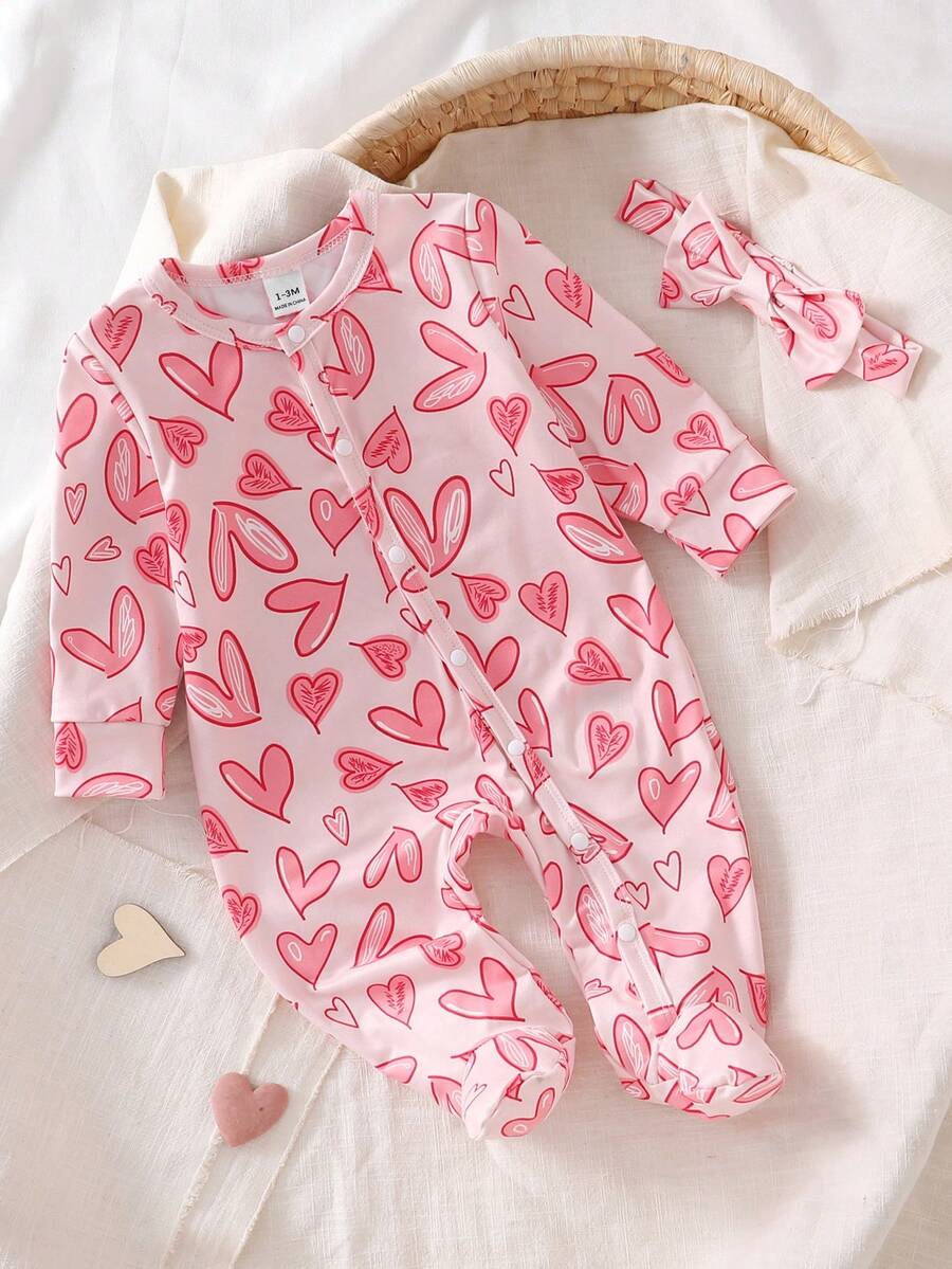 Newborn Baby Pajamas-2 Pieces Pajama Set Footed Sleeper Hearts Print Pink Red Round Neck Long Sleeve Snap Front With Matching Headband One Piece Pajamas Easy Diaper Changes Soft Stretch Year Round Holiday 2026 Must Have Gift - Baby Pink - View 1