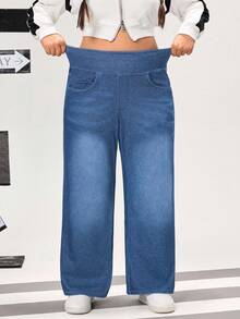 Flexra Plus Size Women Casual Everyday Commute Simple Versatile Elastic Waist Loose Wide Leg Jeans - Medium Wash - View 4