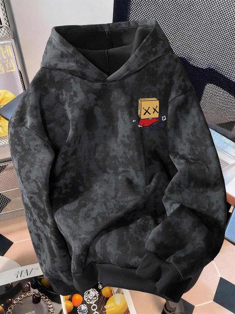 Manfinity Joysei Sudaderas holgadas de manga larga con efecto lavado ácido y diseño de dibujos animados lindos para hombres - Negro - Ver 1