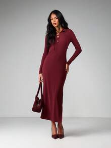 MISSGUIDED Ribbed Knit Collared Lace Up Long Sleeve Maxi Dress Fitted Bodycon Fall Winter Burgundy Dress - Burgundy - View 1