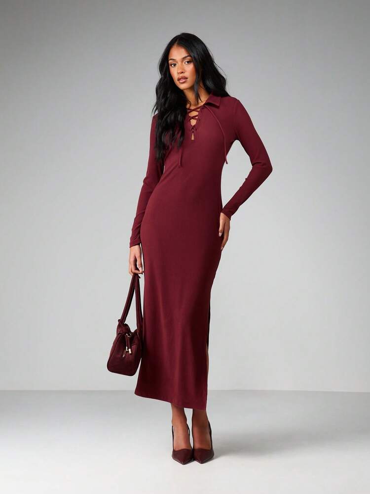 MISSGUIDED Ribbed Knit Collared Lace Up Long Sleeve Maxi Dress Fitted Bodycon Fall Winter Burgundy Dress