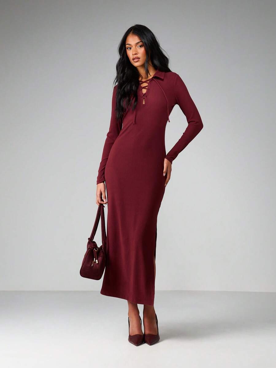 MISSGUIDED Ribbed Knit Collared Lace Up Long Sleeve Maxi Dress Fitted Bodycon Fall Winter Burgundy Dress - Burgundy - View 1