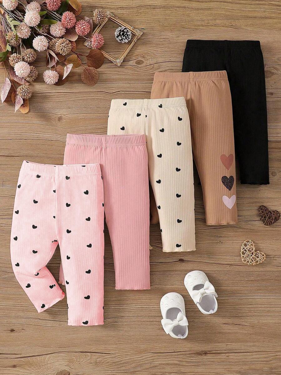 SHEIN Vintaside Kids 5 peças/Conjunto Legging Fofa de Coração para Bebê Menina, Macia, Confortável, Elástica, Amiga da Pele, Essencial para Outono/Inverno, Opções de Várias Cores - Multicolorido - Visão 1