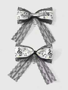 ROMWE Kawaii 2件套简约百搭复古时尚高品质黑白音符蝴蝶结吊坠DIY发夹，侧夹组合套装，适合女性、女孩日常佩戴，节日礼物 - 黑白色-6 - 查看 2