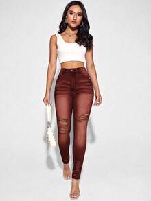 SHEIN Essnce Women's Casual Distressed Skinny Fit Denim Jeans - Coffee Brown - View 5