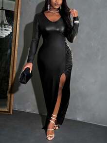 Slaydiva 2025新款性感PU高开衩低胸圆领连衣裙，适合派对/约会/酒吧/俱乐部/夜总会等场合 - 黑色 - 查看 4