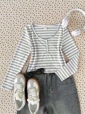 SHEIN Tween Girl Striped Knit Long Sleeve T-Shirt, All-Match Versatile Fashion Streetwear, Girls Striped Shirt, Square Neck Top For Tweens, Teen Girl Tops Aesthetic, Basic Casual T Shirt For Teen Girls