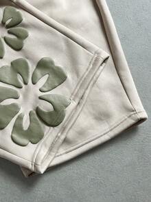 Manfinity ZONE917 男士字母与花卉印花抽绳腰袋阔腿宽松休闲运动裤，男士花裤，男士宽松运动裤，男士奶油色慢跑裤，带花慢跑裤，带花运动裤，2000 年代风格 - 卡其色 - 查看 8