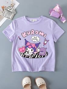 HELLO KITTY AND FRIENDS | SHEIN Tween Girls Casual Simple Short Sleeve T-Shirt, Suitable For Summer - Mauve Purple - View 6