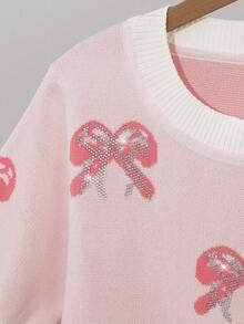 Elenzga Women's Bow Rhinestone Embellished Short Sleeve Knit Top, Unique Design - Multicolor - View 5