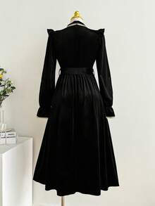 SHEIN LUNE 优雅法式花卉蕾丝拼接中长连衣裙，长袖丝绒针织腰带连衣裙，女士秋冬款 - 黑色 - 查看 2