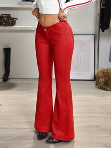 Jeanoix Y2K Fashion Casual V-Waist Low-Rise Coated Flare Pants - Red - View 3