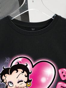 Betty Boop x SHEIN Women's Casual Everyday Commute Fashion Street Cartoon Figure, Heart & Letter Chain Print Loose Fit Black T-Shirt, Summer - Black - View 5