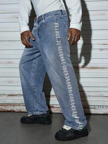 Modcrash Men's Straight Leg Jeans, Gothic Style Casual Studded, Suitable For Daily Wear All Year Round Spring To Summer , Retro American, Unisex, Relaxed Fit Summer Outfits – Suitable For Everyday Wear And Summer Holiday Outfits. - Blue - View 1