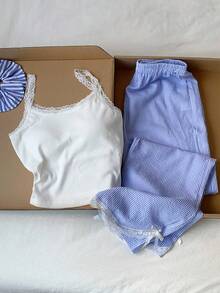 SHEIN 2pcs/Set Tween Girls Cute Camisole & Wide Leg Pants With Lace Bow Hem, Suitable For Spring, Summer, Daily Outings - White - View 13