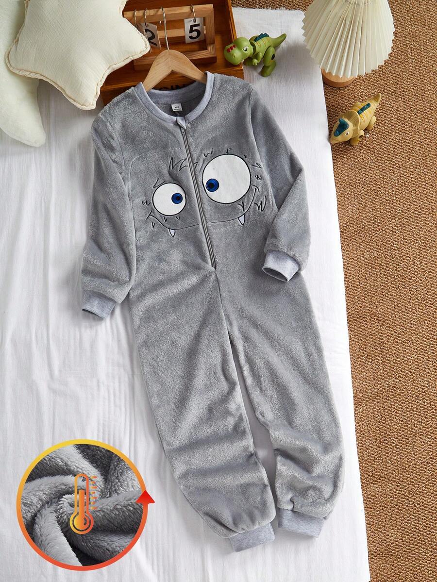 幼儿及大童怪兽图案抓绒连帽连体衣，趣味可爱图案，保暖冬季亲子装 - 深灰色 - 查看 1