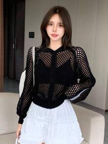 DAZY Women's V-Neck Open Front Hollow Striped Loose Cardigan - Black - View 3