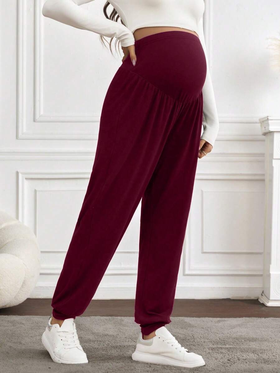 SHEIN Maternity Solid Color Adjustable Waist Harem Pants - Burgundy - View 1