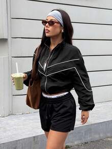 Dewbera 女士秋冬风衣外套，撞色抽绳腰带，拉链短款运动休闲外套 - 黑色 - 查看 3