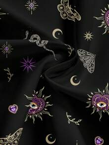 ROMWE Goth 哥特式暗黑之心十字架神秘之眼蝎子黑红日月星印花高开衩女装裙 - 黑色 - 查看 4