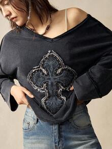 Bohemela Women's Casual Solid Color Knitted V-Neck Long Sleeve Loose Washed T-Shirt With Cross Appliques And Rhinestone Decoration - Black - View 3