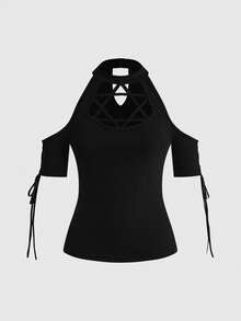 ROMWE Gothic Retro Palace Style Contrast Color Lace Trim Cross Pendant Heart Pattern Velvet Camisole Tie Strap Dress For Women - Black - View 1
